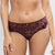A model wearing a matching sheer lace lingerie set in a deep plum purple color, featuring a bra and high-waisted briefs with floral embroidery and scalloped edges.