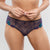 A model wearing a matching lace lingerie set consisting of a dark navy blue bra and panties with teal floral accents, shown against a light gray background.