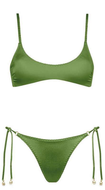 Green bikini set with thin straps on a white background