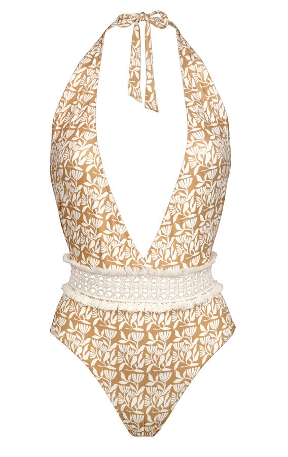 Watercult Coastal Bohemia Deep One Piece Plunge Swimsuit
