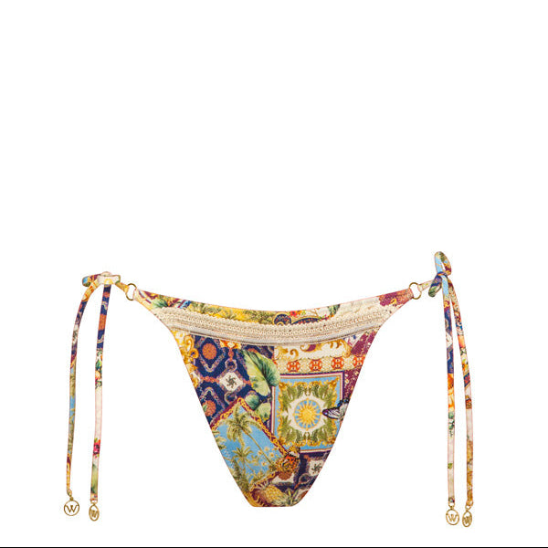 Colorful patterned bikini bottom with straps on a white background
