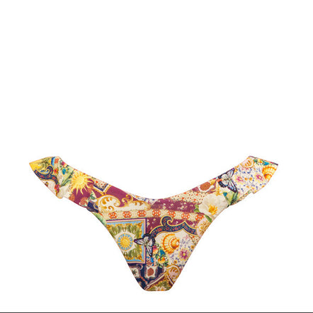 Colorful patterned bikini bottom on a white background