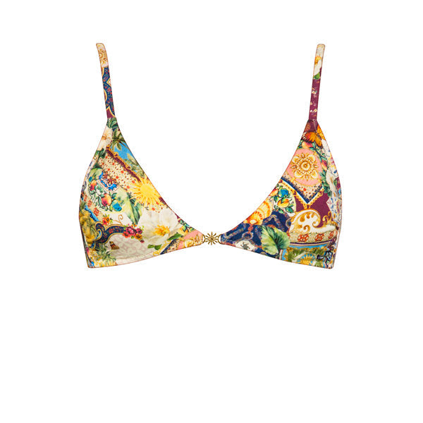 Colorful floral-patterned bikini top on a white background