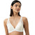 Woman wearing a white lace bra and panties set on a white background