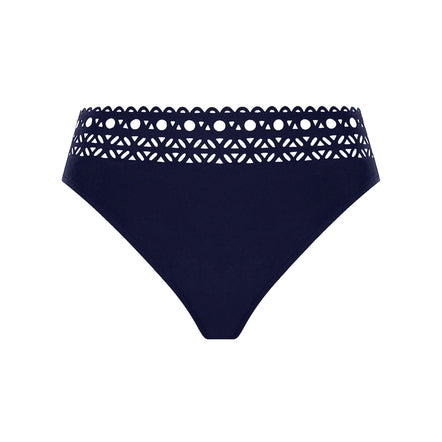 Navy blue bikini bottom with white lace detailing on a white background