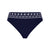 Navy blue bikini bottom with white lace detailing on a white background