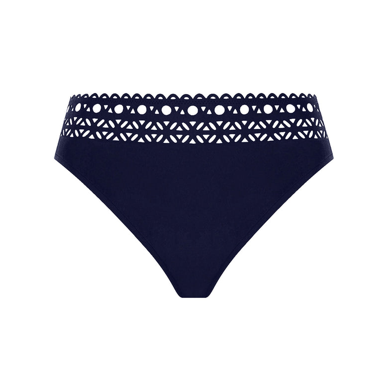 Navy blue bikini bottom with white lace detailing on a white background