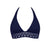 Navy blue bikini top with lace detailing on a white background