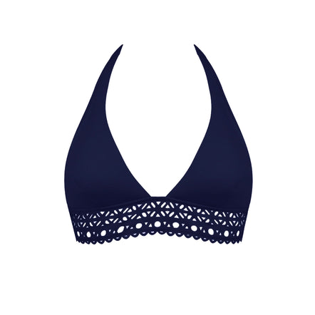 Navy blue bikini top with lace detailing on a white background