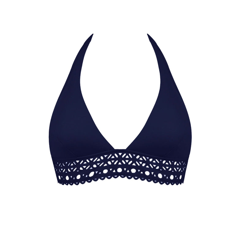 Navy blue bikini top with lace detailing on a white background