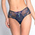Navy blue lace lingerie set on a plain background