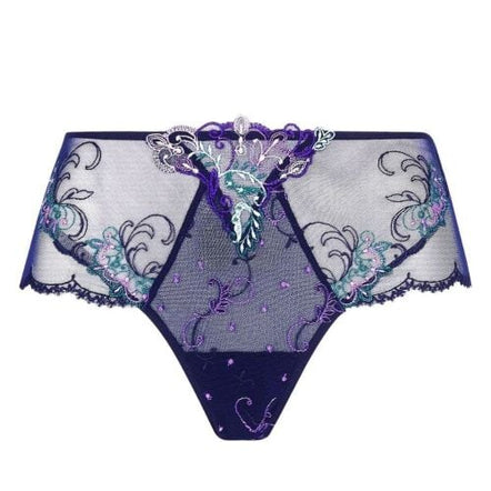 Purple lace underwear with floral designs on a white background