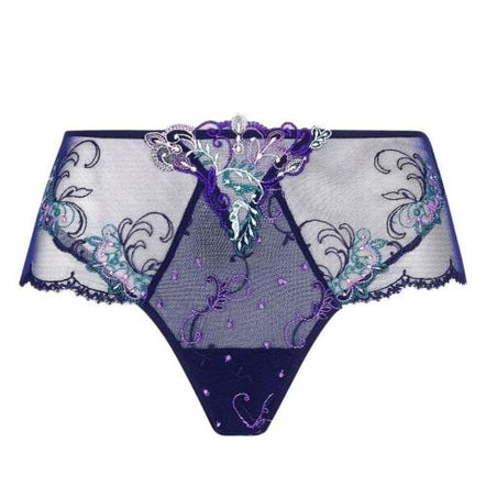 Purple lace underwear with floral designs on a white background