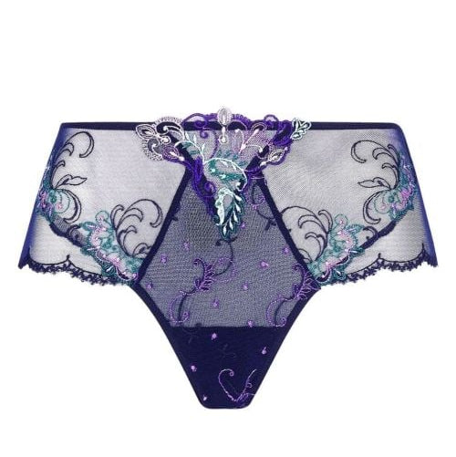Purple lace underwear with floral designs on a white background