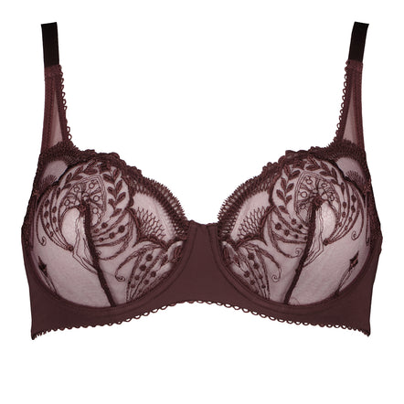 Brown bra with lace detailing on a white background