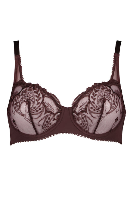 Brown bra with lace detailing on a white background
