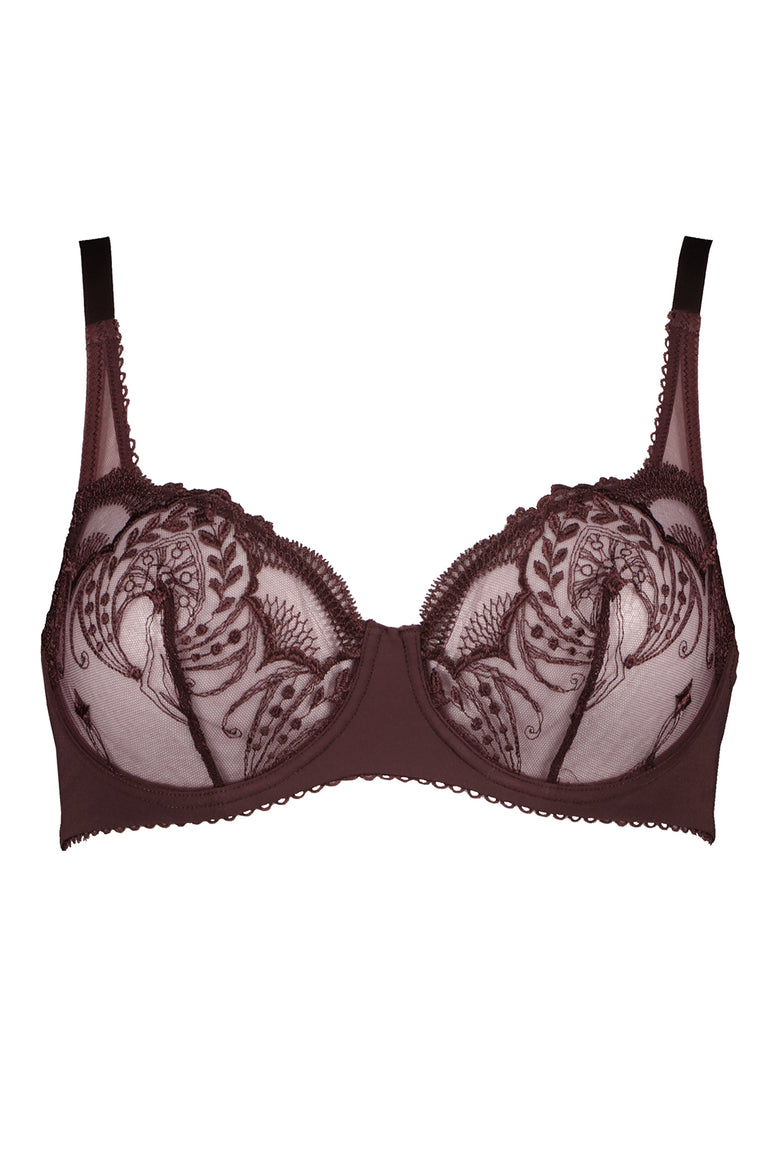 Brown bra with lace detailing on a white background