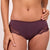Person wearing a pair of dark purple lace underwear on a plain background