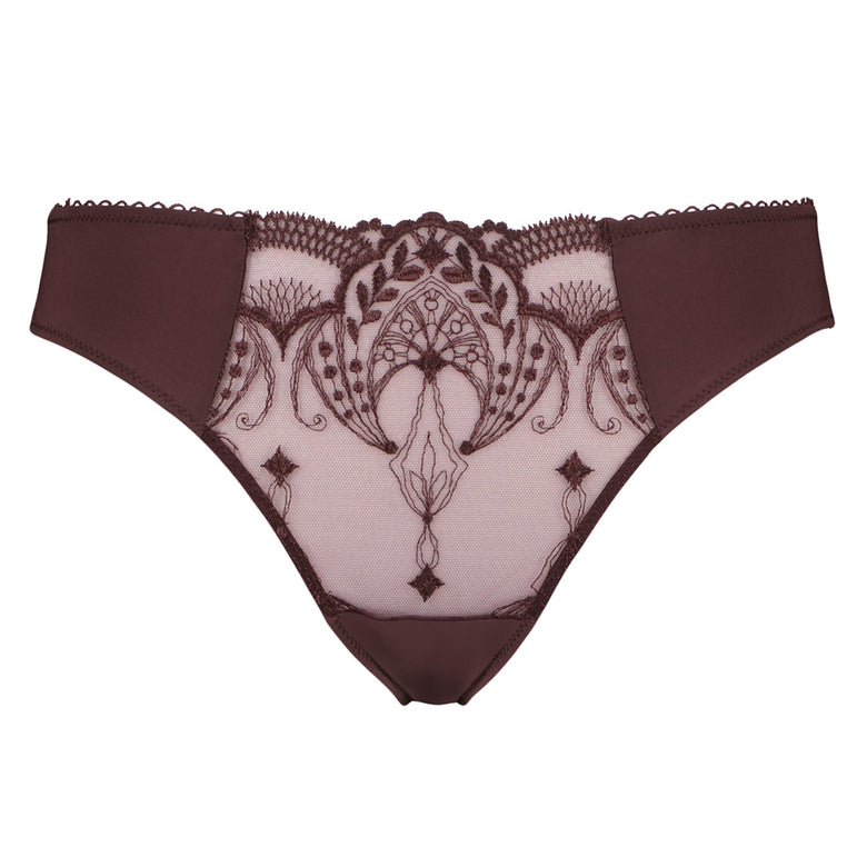 Lace-patterned underwear with brown waistband on a white background