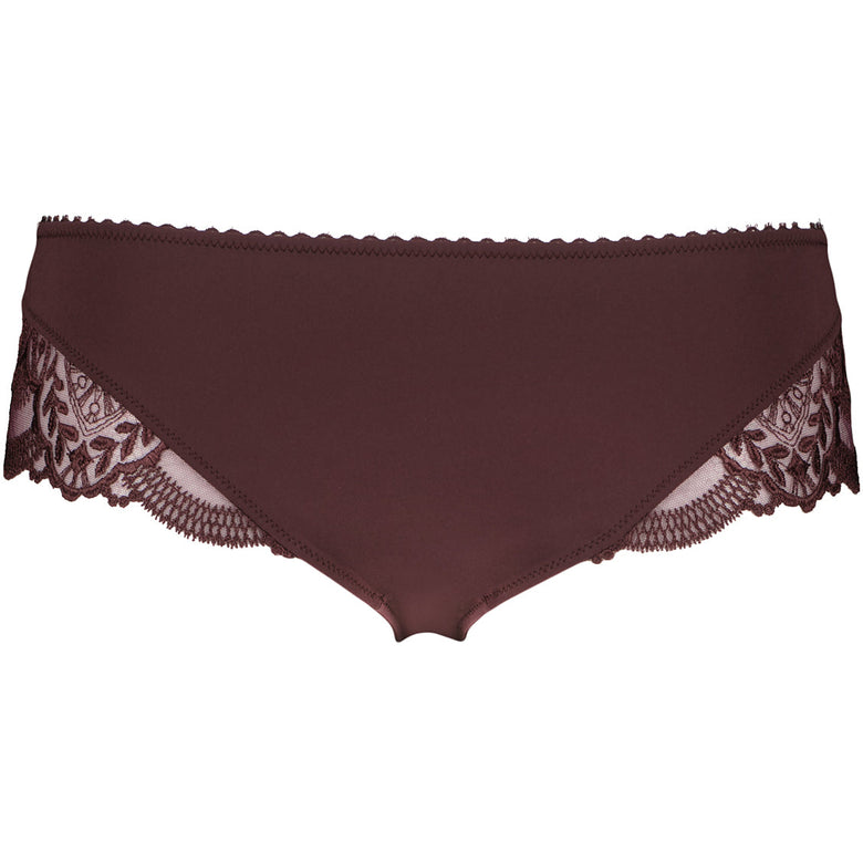 Brown lace-trimmed underwear on a white background