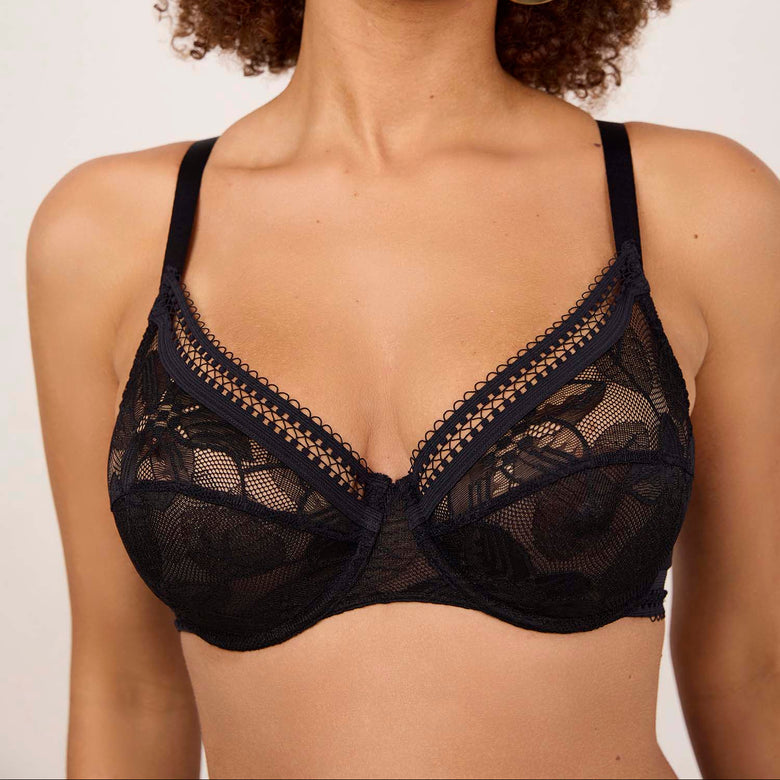 Woman wearing a black lace bralette against a plain background