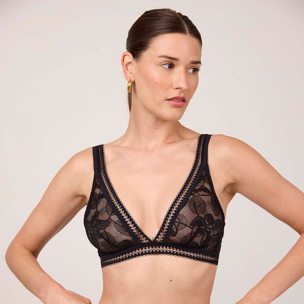 Woman wearing a black lace lingerie set against a plain background