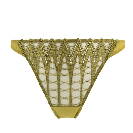 A pair of olive green bikini bottoms featuring a sheer mesh front panel with a geometric pattern of metallic gold beads and sequins, set against a plain white background.