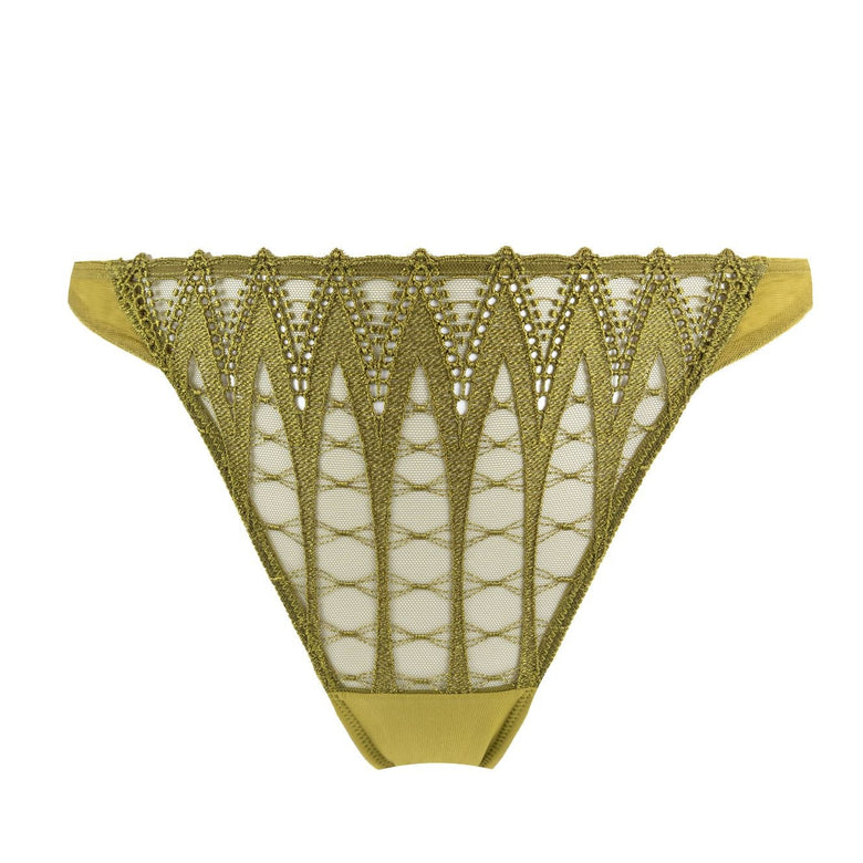 A pair of olive green bikini bottoms featuring a sheer mesh front panel with a geometric pattern of metallic gold beads and sequins, set against a plain white background.