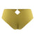 A pair of high-waisted bikini bottoms in a solid mustard yellow color, featuring a central diamond-shaped cutout at the waist held together by a small gold button, shown against a plain white background.