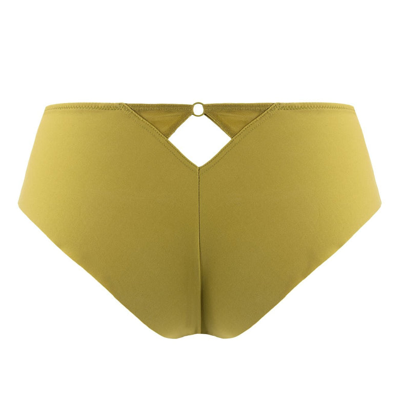A pair of high-waisted bikini bottoms in a solid mustard yellow color, featuring a central diamond-shaped cutout at the waist held together by a small gold button, shown against a plain white background.