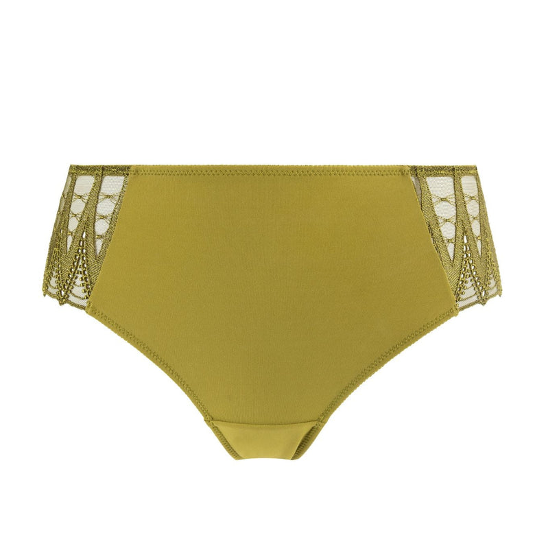 A pair of women's bikini bottoms in a muted olive yellow-green color, featuring sheer geometric lace side panels with a gold chain pattern, shown against a plain white background.