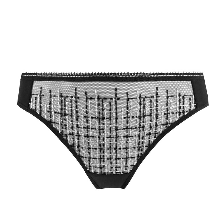 Black and white patterned mesh briefs with a black waistband, shown against a light gray background.