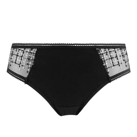Black bikini briefs featuring a silver and black geometric patterned waistband with a beaded edge, shown against a plain white background.