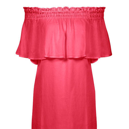 Pink off-shoulder dress on a white background