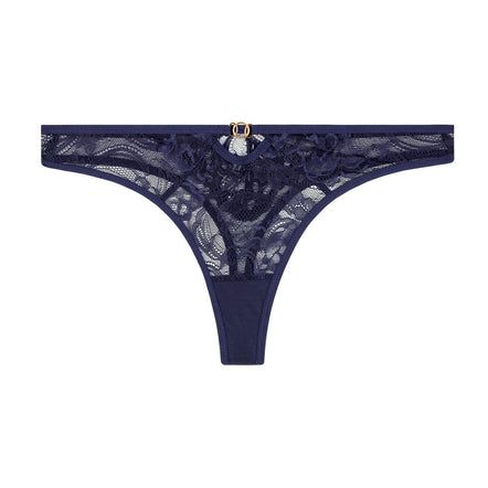 Navy blue lace thong on a white background