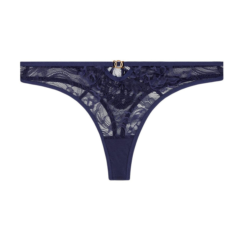 Navy blue lace thong on a white background