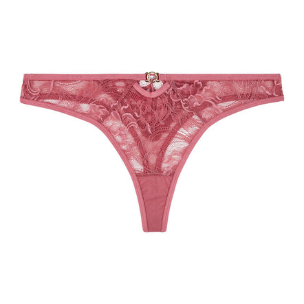 Pink lace thong on a white background