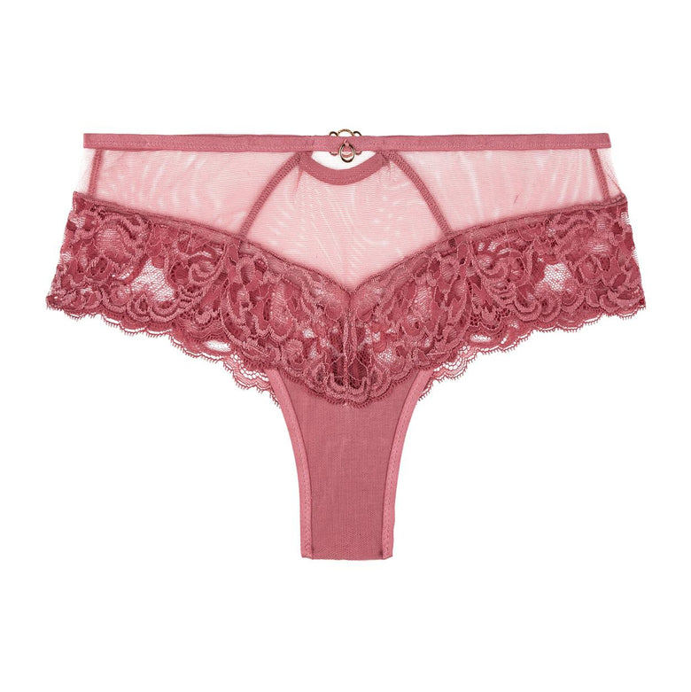 Pink lace thong on a white background