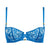 Blue lace bra on a white background