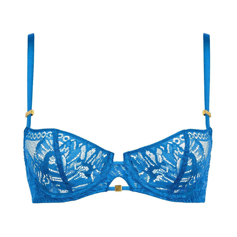 Blue lace bra on a white background