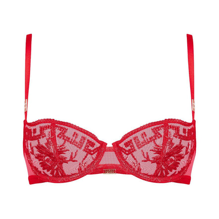 Red lace bra on a white background