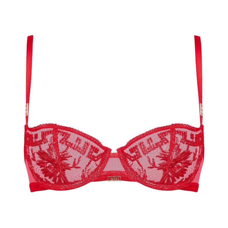 Red lace bra on a white background