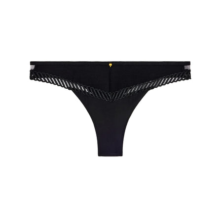 Black bikini bottom with ruffled edge on a white background