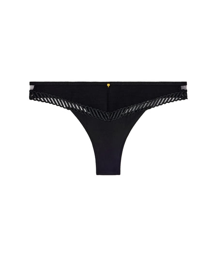 Black bikini bottom with ruffled edge on a white background