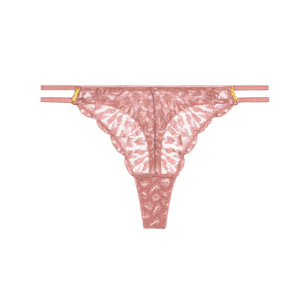 Pink lace thong on a white background