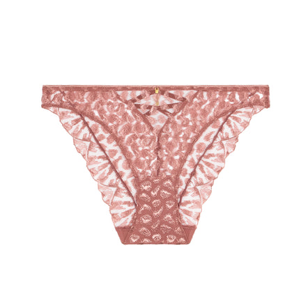 Pink lace thong on a white background