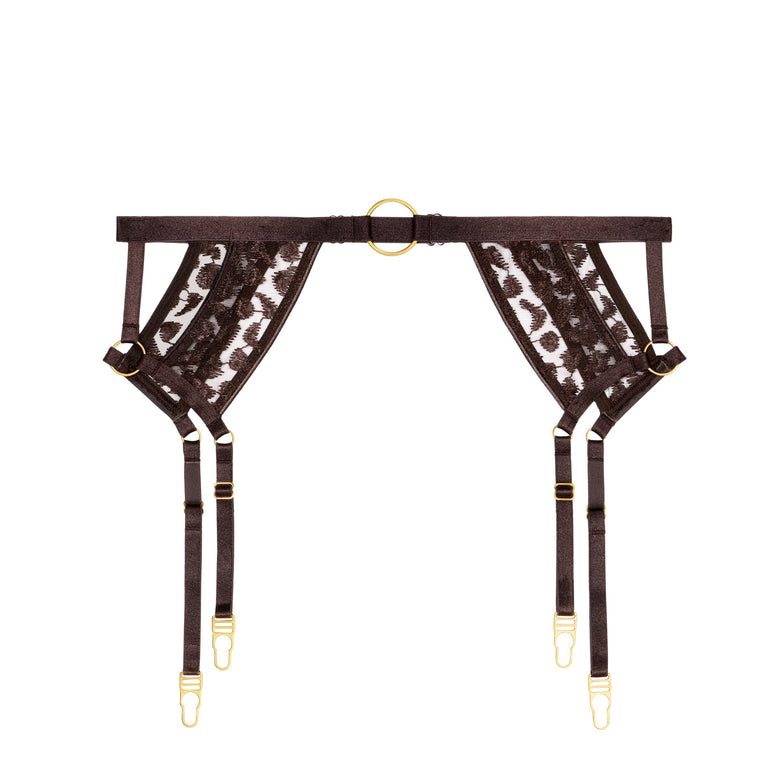 Patterned garter belt with gold accents on a white background