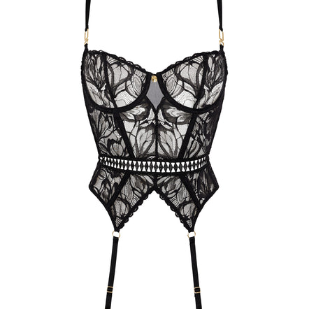 Black lace lingerie set with straps on a white background