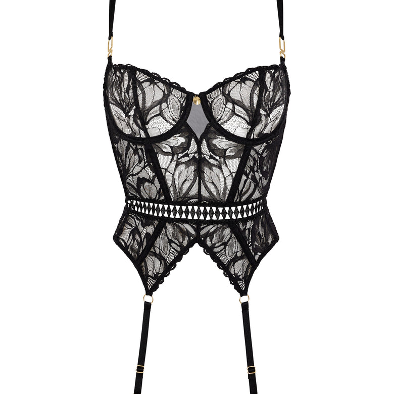 Black lace lingerie set with straps on a white background