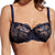 Navy blue lace bra worn by a model on a white background
